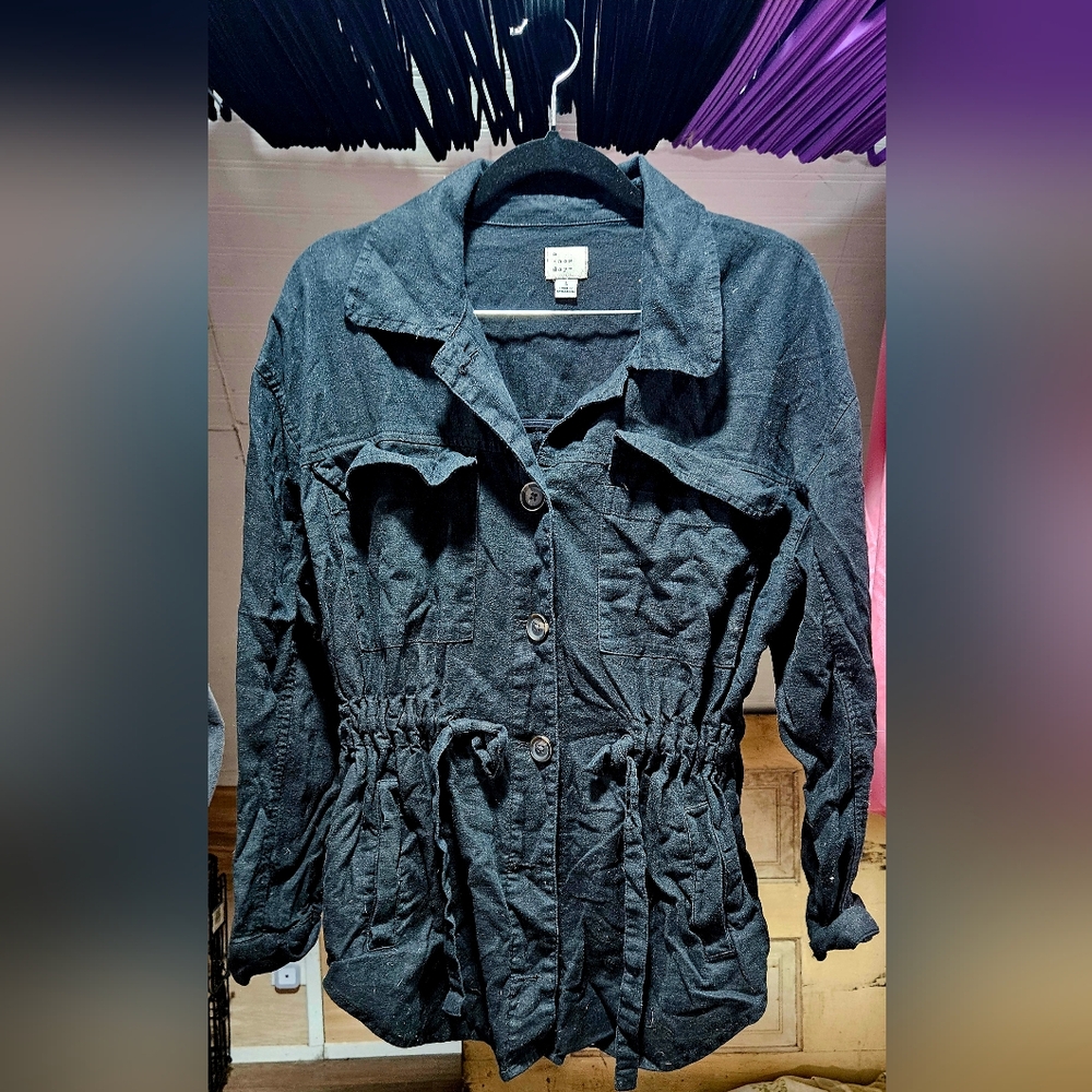 A New Day Womens Large Black Linen Jacket Safari Utility Shirt Relaxed